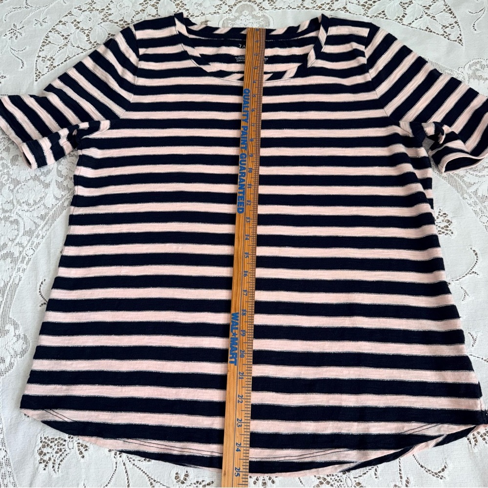 Talbots Womenโsโ Striped Short Sleeve Top Navy Pink Metallic size large